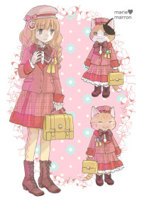 女の子と三毛猫、茶トラ猫、お揃いの制服の絵