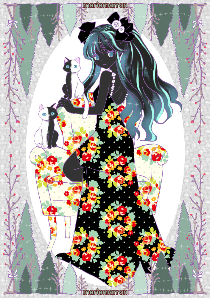 花柄の服の黒イメージの女の子の絵